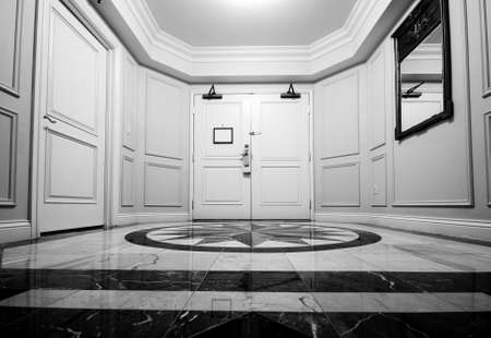 Anteroom with white double door and mosaic marble floor.の写真素材