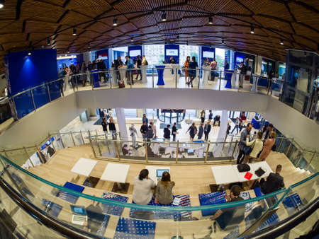 MOSCOW, RUSSIA - MAY 15, 2019: Participants of the IBM think Summit conference communicate during a break inside the Digital Business Space congress center in Moscow, Russia on May 15, 2019.のeditorial素材