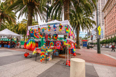 SAN FRANCISCO, CA, US - OCT 2, 2011: Booth with an awning for the street sale of light cotton...