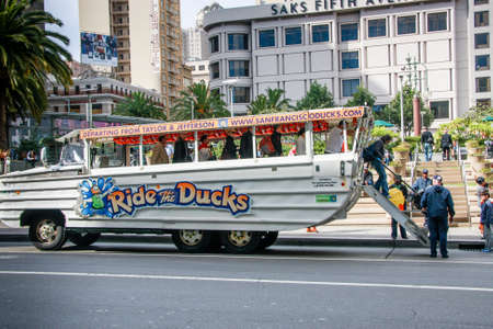 SAN FRANCISCO, USA - SEPT 21, 2010: Union Square stop of Ride the Ducks sightseeing trip on the ...