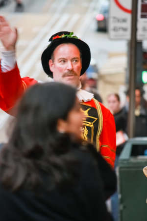 SAN FRANCISCO, USA - SEPT 24, 2008: Doorman of Kimpton Sir Francis Drake hotel in a beefeater suit welcomes guests on Sept 24, 2008 in San Francisco, USA.のeditorial素材