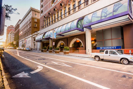 SAN FRANCISCO, USA - OCT 2, 2012: Entrance to JW Marriott hotel from empty street at sunset on Oct 2, 2012 in San Francisco, USA.のeditorial素材