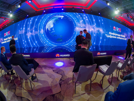 MOSCOW, RUSSIA - SEPT 30, 2020: Participants await start of Huawei Digital Community Conference held with precautions against coronavirus pandemic on Sept 30, 2020 in Moscow, Russia.のeditorial素材
