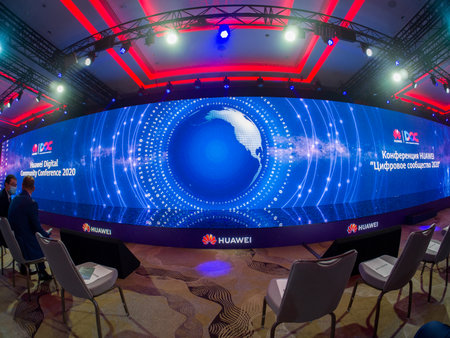 MOSCOW, RUSSIA - SEPT 30, 2020: Participants await start of Huawei Digital Community Conference held with precautions against coronavirus pandemic on Sept 30, 2020 in Moscow, Russia.のeditorial素材
