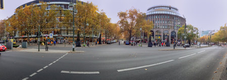 BERLIN, GERMANY - NOVEMBER 10, 2014: Panoramic view for shopping street Kurfuerstendamm in Berlin, Germany on November 10, 2014.のeditorial素材