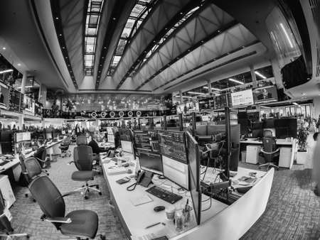 MOSCOW, RUSSIA - JAN 30, 2018: View to busy trading floor of the Sberbank CIB stock exchange in Moscow on Jan 30, 2018. It is the new largest trading floor in Europe with 4000 square meters area.のeditorial素材