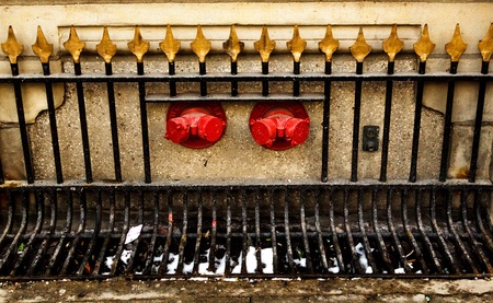 Red fire hydrant isolated on the wall の写真素材