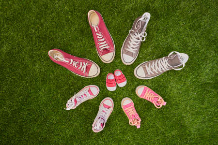 Flat lay of pregnancy announcement with colored sneakersの写真素材