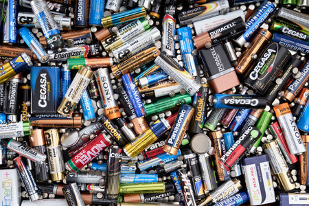 Photo of colorful used batteries. Environmental and social issues.のeditorial素材