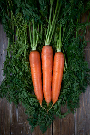 Carrots bunch on rustic background. Vegetarian and vegan food. Vertical photo.の写真素材