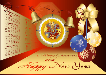 Vector illustration of card with Christmas and New Year calendar proektsii on the background of the dial analog clock all the elements of the individualのイラスト素材