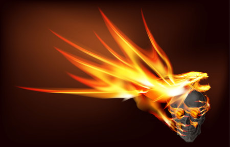 vector illustration of a fiery dragon that holds in paws skullのイラスト素材