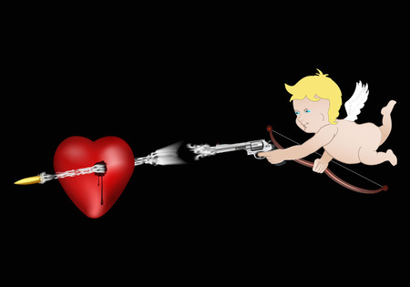 vector illustration of cupid with a revolver and heart piercedのイラスト素材