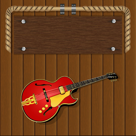 musical frame with a guitar on a wooden backgroundのイラスト素材