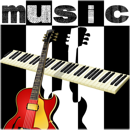 black and white music background with guitar and keysのイラスト素材
