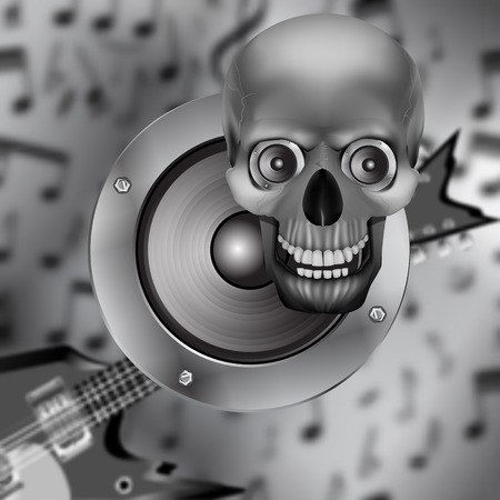 vector illustration - speaker with a skull on the background of guitars and background notesのイラスト素材