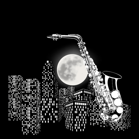 illustration saxophone on a background of the moon and cityのイラスト素材