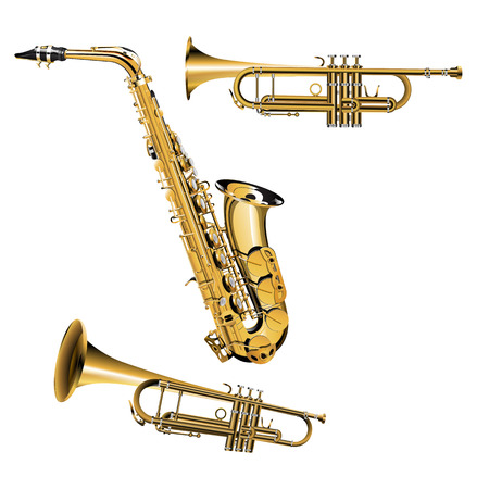 vector illustration of trumpet in different projections with silver and gold items Saxophoneのイラスト素材