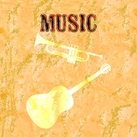 vector illustration musical background with acoustic guitar and shadow shadow tubes on textured backgroundのイラスト素材