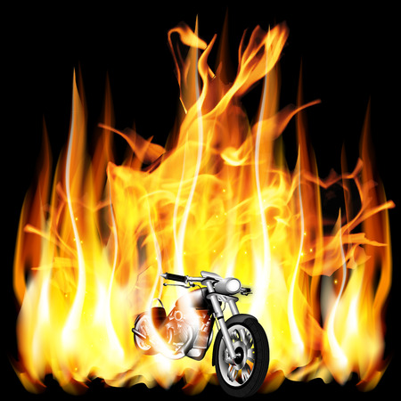vector illustration motorbike travels on a background of fire flame in the darkのイラスト素材