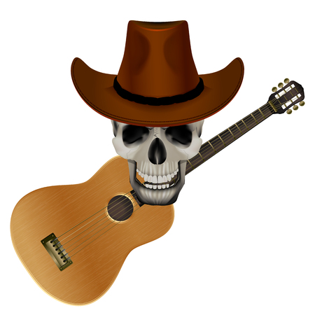 vector illustration Skull wearing a cowboy hat on a background of acoustic guitarのイラスト素材