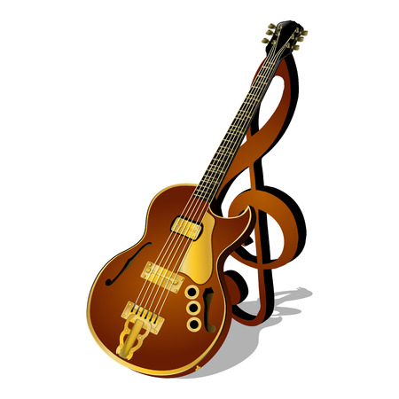 vector illustration of a jazz guitar with a treble clef and shadow isolated object pattern poster or billboardのイラスト素材