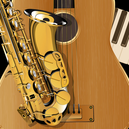 Vector Illustration saxophone closeup on background acoustic guitar and piano Clavey. Template music.のイラスト素材