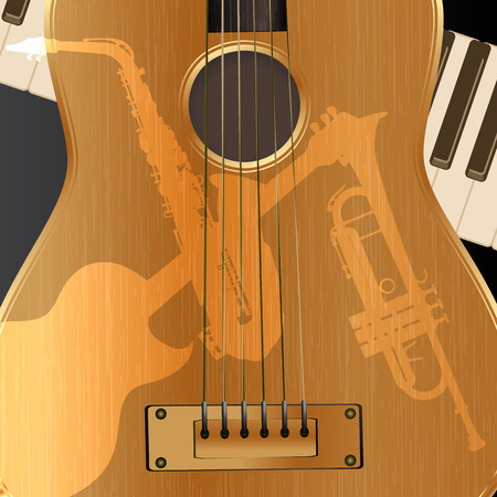 vector illustration background with acoustic guitar and piano keys light shadows saxophone, trumpet and guitarのイラスト素材