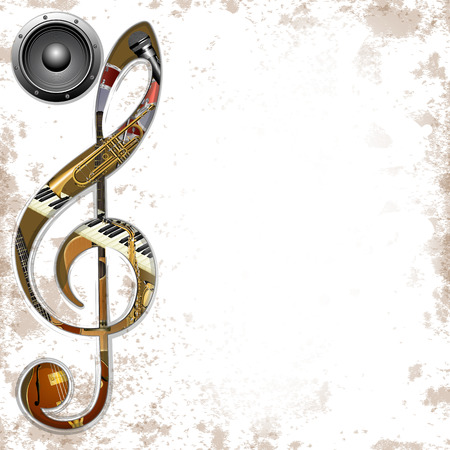 vector illustration of musical background instruments in the hole treble Clef trumpet, saxophone, piano keys, jazz guitar, acoustic guitar and an audio speakerのイラスト素材