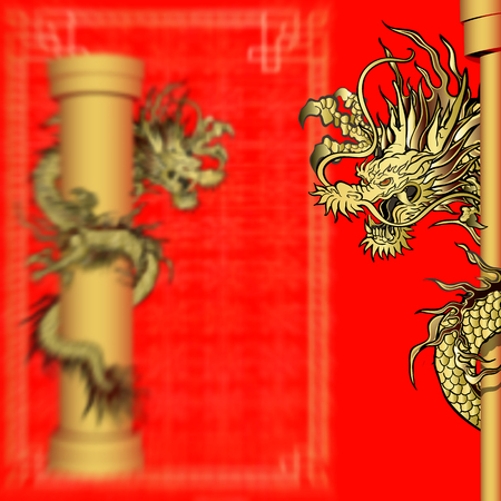 Vector illustration of a gold dragon on a pole in the blurry background. Illustration can be used as a sticker, poster or background.のイラスト素材