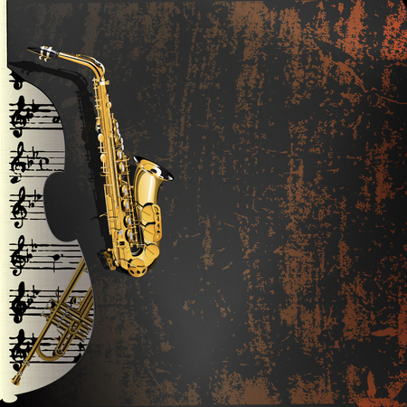 Vector illustration of musical background in grunge style. Metal rusty background with a cutout of a violin or a saxophone Contrabass with gold leaf and music with a trumpet in the background.のイラスト素材