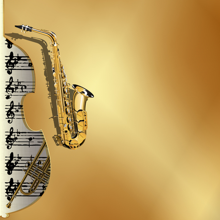 Vector illustration of musical background in gold style. Metal gold background with a cutout of a violin or a saxophone Contrabass with gold leaf and music with a trumpet in the background.のイラスト素材