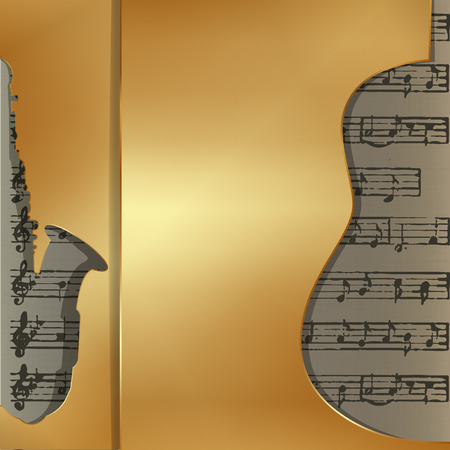 Vector illustration gold metallic background with a cutout in the form of acoustic guitar and saxophone, in the background musical sheets. It can be used as a billboard or separately with any text.のイラスト素材