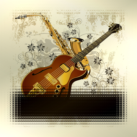 Vector illustration of a music background with tinted frames, guitar and saxophone on grunge background with a pattern. Can be used as a poster or advertising, tinted fit any text.のイラスト素材