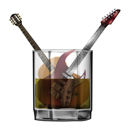 Vector acoustic and electric guitar in a glass of whiskey or other alcohol. Isolated object on a white background can be used with any image.のイラスト素材