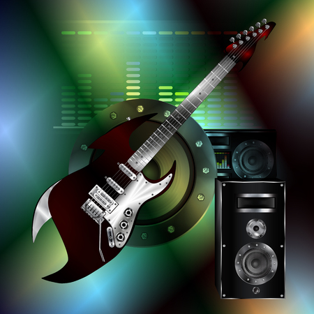 Vector musical background with guitar speaker and equalizer on a colored iridescent background. Can be used as a poster or advertising, all elements separate, can be changed as needed.のイラスト素材