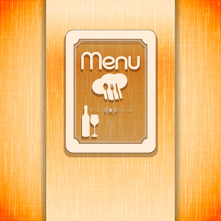 Vector template for the cover page and the restaurant menu with a ribbon for inscription on the background textures or warm colors with a fork, spoon and knife.のイラスト素材
