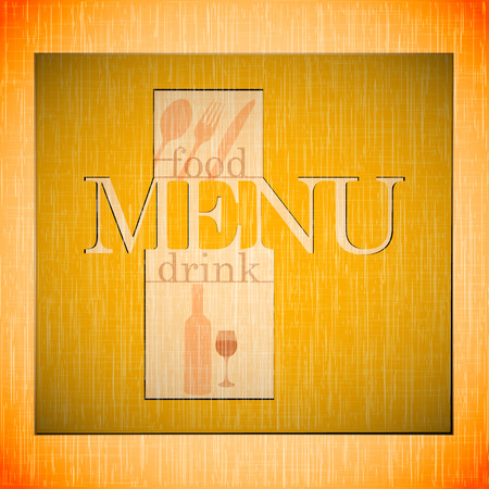 Vector template for the cover page and the restaurant menu with a ribbon for inscription on the background textures or warm colors with a fork, spoon and knife.のイラスト素材