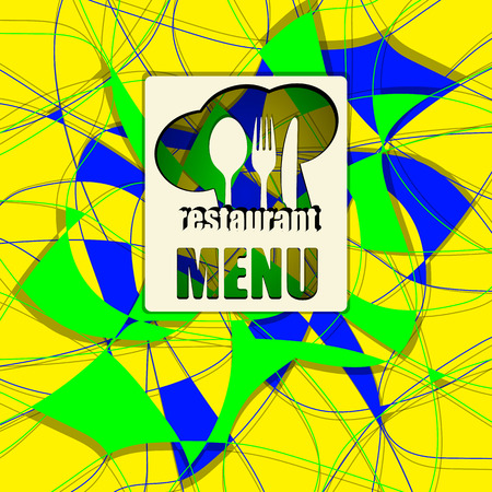 Vector template for the cover of the menu of geometric shapes and ornate style abstraction, fork, spoon, knife, bottle of wine and a glass.のイラスト素材