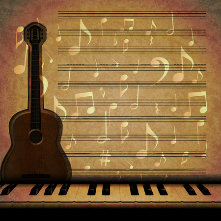 Vector musical background with acoustic guitar and dimming the piano keys on the texture background with music notes and signs.It can be used as a poster, advertising or separately.のイラスト素材
