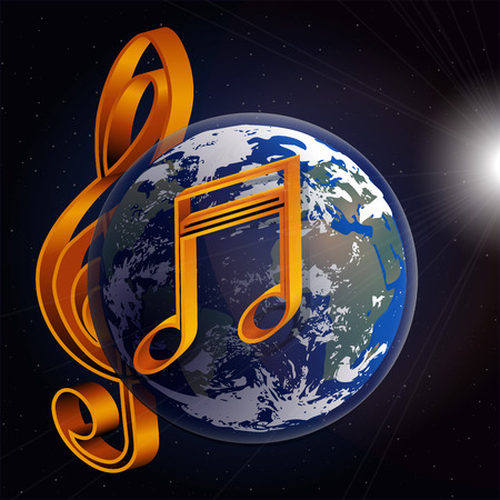 Vector musical notes and signs with the planet earth in space on background with stars and a bright glow. It can be used as a poster, advertising or separately.のイラスト素材