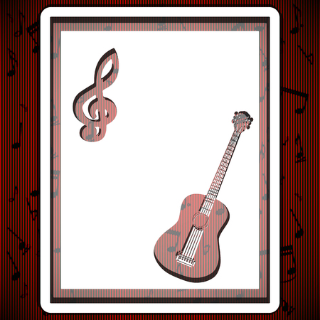 Vector template with an acoustic guitar and a treble clef on white, made in view of the stencil on red textural background.It can be used as advertising billboards or separately.のイラスト素材