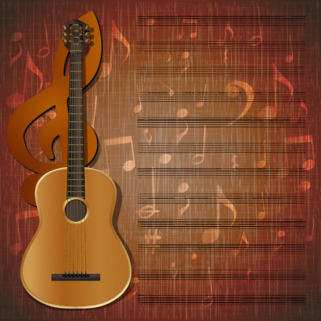 Vector musical background frame with a guitar and a treble clef on the texture background with musical signs and music sheet.It can be used as a poster, advertising or separately.のイラスト素材