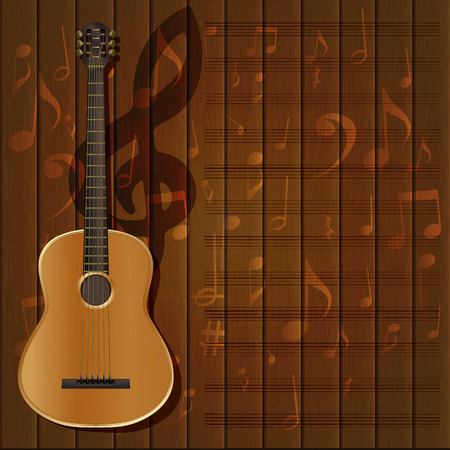 Vector musical background frame with a guitar and a treble clef on the texture wooden background with musical signs and music sheet.It can be used as a poster, advertising or separately.のイラスト素材