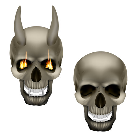 Vector skull vampire monster with fangs and horns and a human skull. Isolated objects on a white background, can be used with any image.のイラスト素材