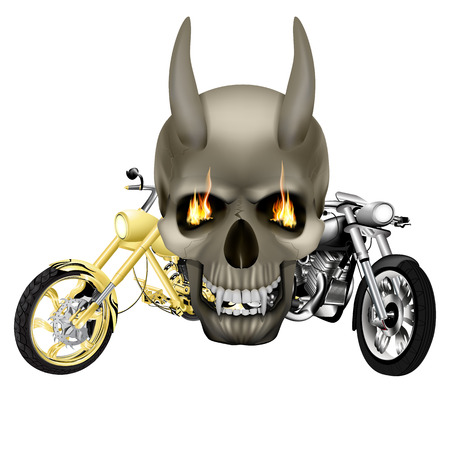 Vector skull vampire monster with fangs flames in front of the background of two motorbike, choppers. Isolated object on a white background, can be used with any image.のイラスト素材