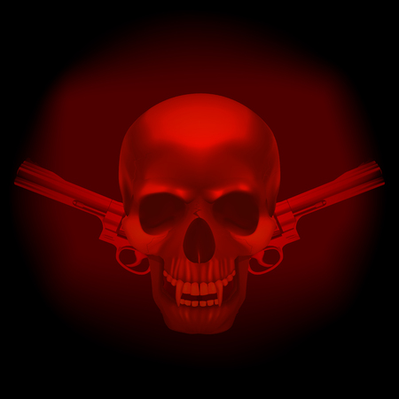 Vector skull on a dark background with revolvers in the background.It can be used with any image on a black background, or separately.のイラスト素材