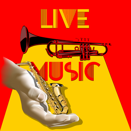 Vector golden saxophone in a hand on the background with a trumpet with the inscription live music.のイラスト素材