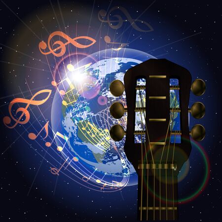 Vector musical planet earth and neck of the guitar with music notes.のイラスト素材