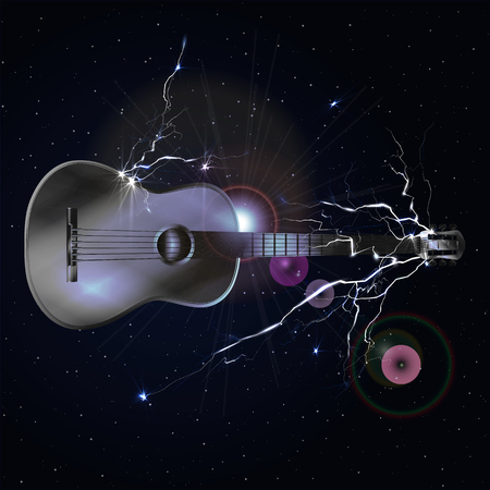 acoustic guitar in space with lightning on a dark background with stars.It can be used as a poster, advertising or separately overstatement with any image on a black background.のイラスト素材